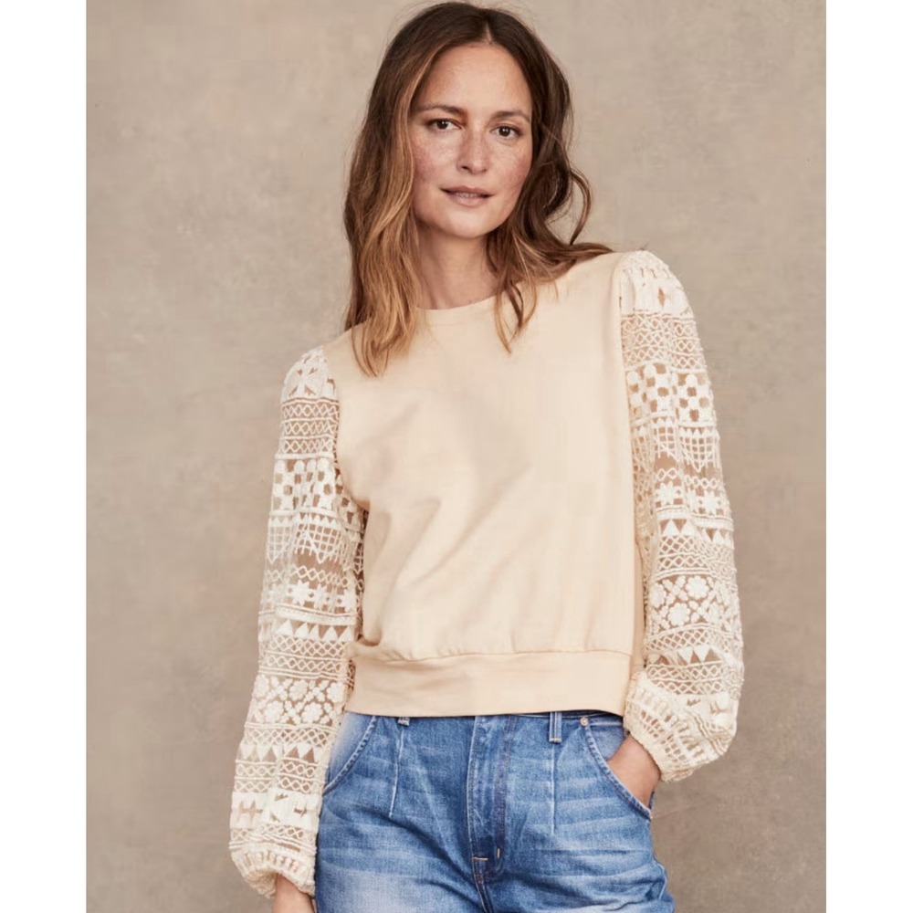 The Odells Jenna Lace Sleeve Sweatshirt Size Large Ivory Puff Boho, Minimalist